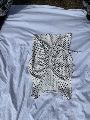 Organic Generation White Black Polka Dot V-Neck Sleeveless Cropped Ruched Blouse