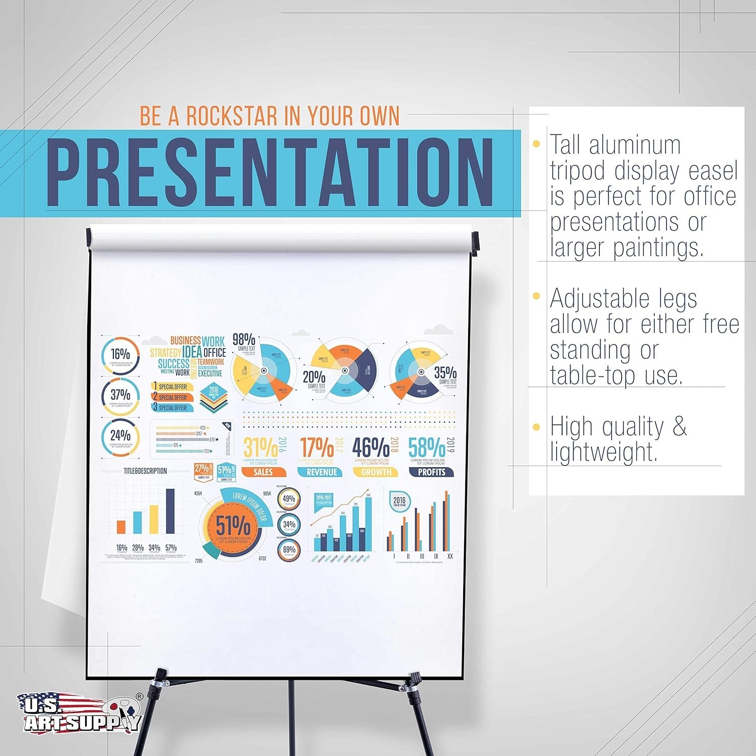 U.S. Art Supply 66" High Boardroom Black Aluminum Flip Chart Easel, Presentation