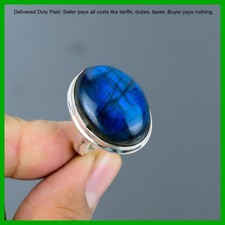 925 Sterling Silver Natural Blue Fire Labradorite Statement Bezel Ring Jewelry