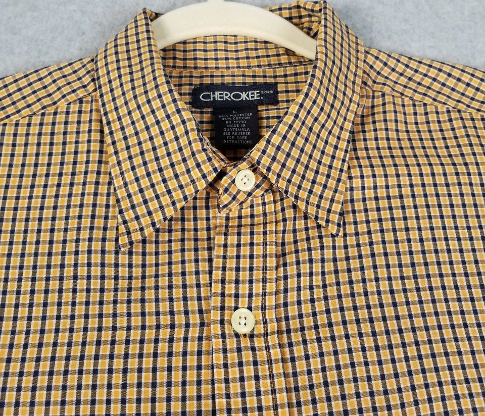 CHEROKEE 纽扣衬衫男式 L 码黑色橙色格子短袖口袋 — 第 2/4 张图片