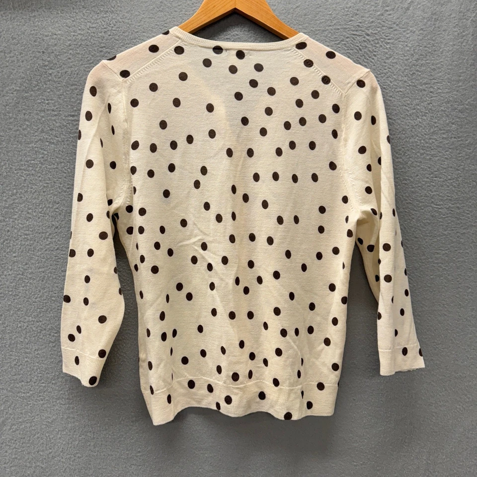 J Crew Cardigan Womens Large Wool Cream Brown Polka Dot Sweater 3/4 Sleeve Knit - Image 3 of 4