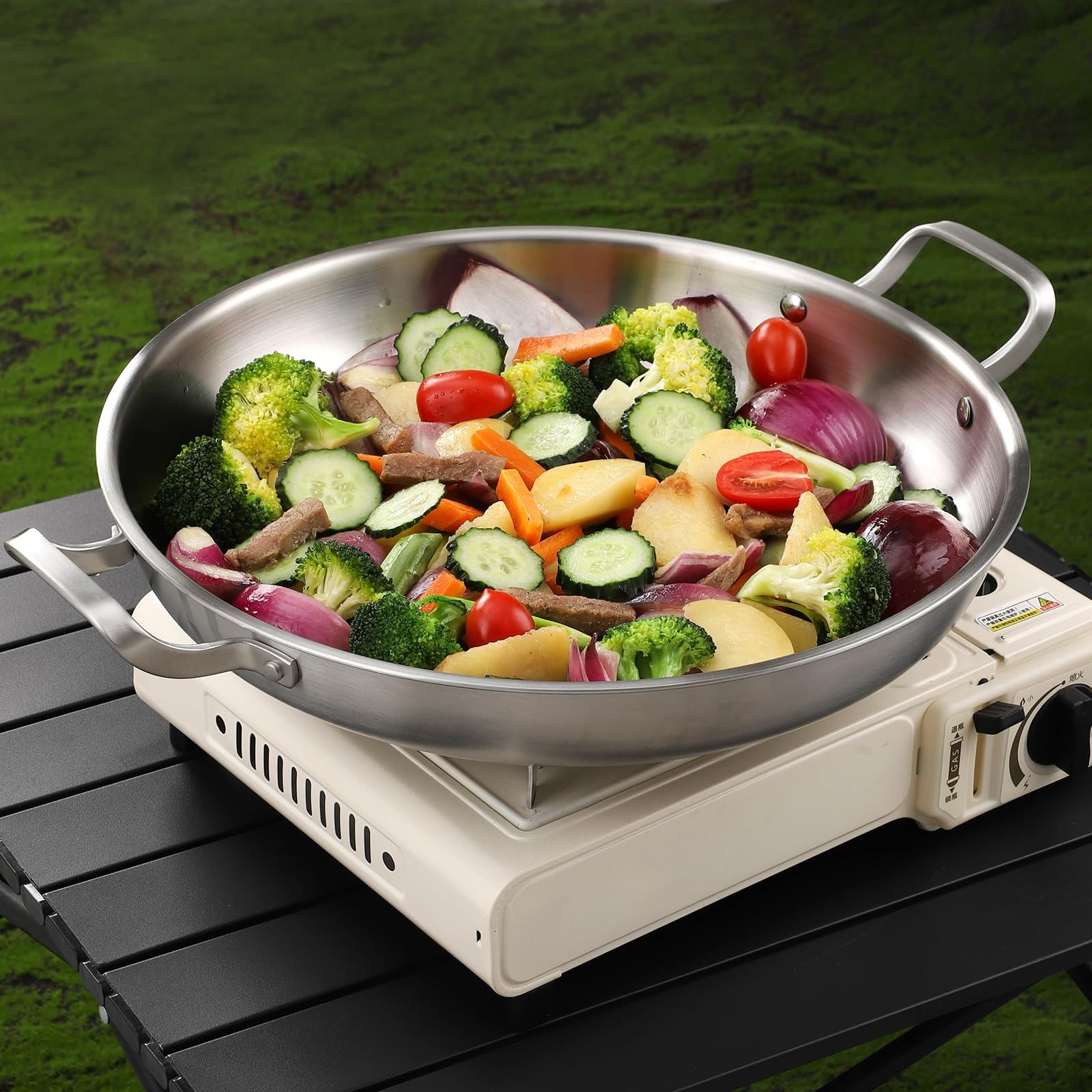 13 Inch Tri-Ply Stainless Steel Paella Pan With Lid, Big Frying Pan, kitchen ...