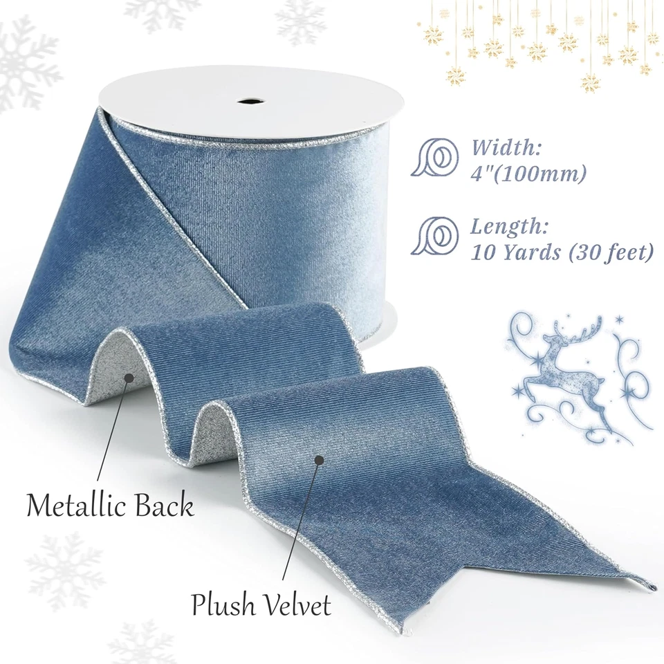 Cinta con cable de terciopelo azul polvoriento con brillo posterior 4 pulgadas azul y plata Navidad Foto 2 de 4