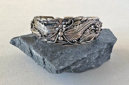 Sterling Silver Flower, Feather , Bead Southwestern Style CUFF Bracelet;A423