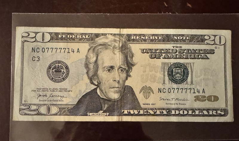 United States 2017 Series $20 Bill, Rare Serial Number NC 07777714A