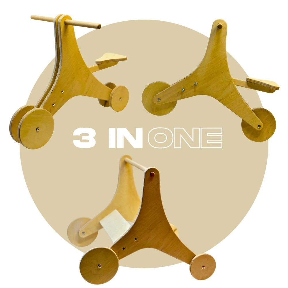 Wooden Baby Walker, Balancing Bike, and Toddler Bike 3-in-One