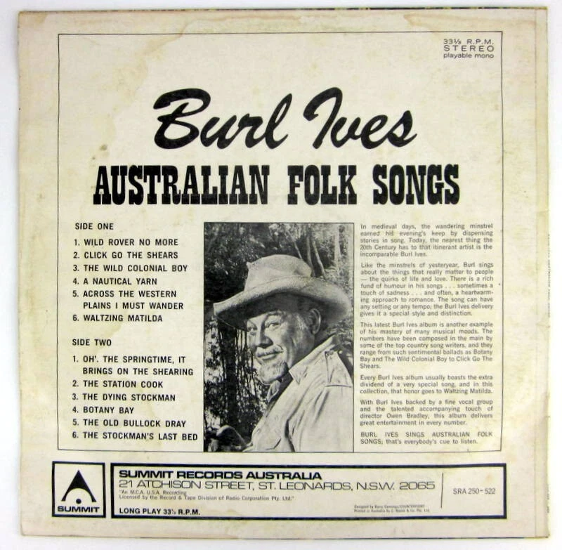 Burl Ives ‎– Australian Folk Songs - LP Vinyl Record and Cover VG+ - Image 3 of 4
