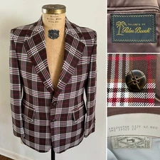 1970s Vtg PALM BEACH Plaid Brown 42 R Sport Coat Jacket Polyester 70s Blazer