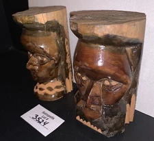 VTG Tribal Wood Totem Head Busts Male Female Hand Carved signed