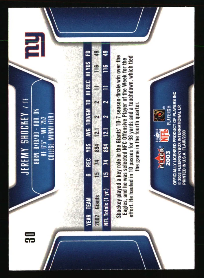 Jeremy Shockey 2003 Flair #30 FOOTBALL Card - Image 2 of 2