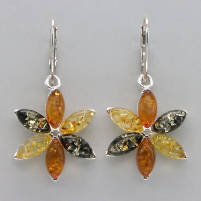 Multi-Color BALTIC AMBER Flower Leverback Earrings 925 STERLING SILVER #2539e