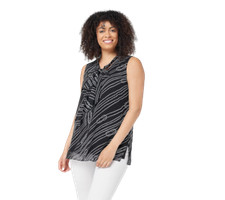 Susan Graver Printed Chiffon Sleevless Lined Tunic with Scarf in Black Size XS