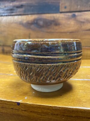Handmade Studio Art Pottery Brown Textured Ceramic 3 3/4'' Bowl Signed JAT