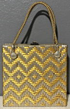 Vintage 1960s Woven 10" Box Purse Gold  Silver Handbag Clasp Lock Lined