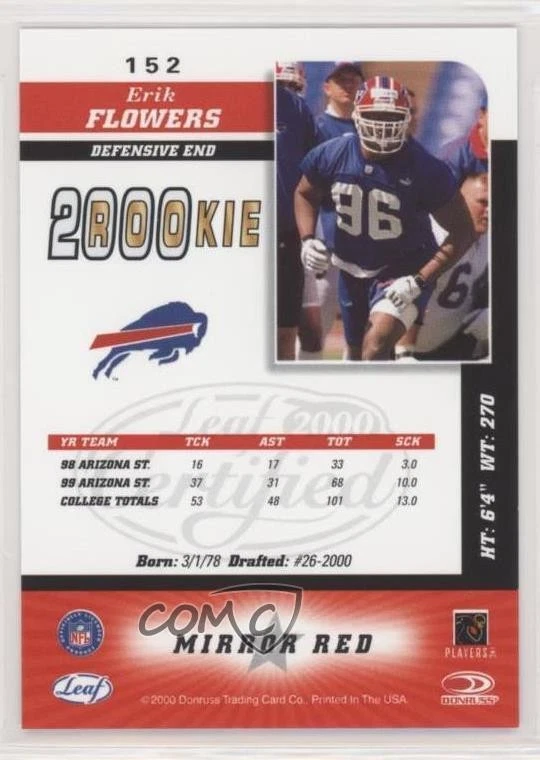 2000 Leaf Certified 2000 Rookie Mirror Red Erik Flowers #152 Rookie RC - Image 2 of 2