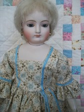 16" French Fashion Dress Repro 1870s Fabric Beige Blue Huret China Doll