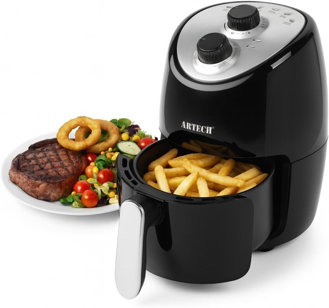 2L 1200W Compact Manual Air Fryer with Timer & Removable Non-Stick Basket