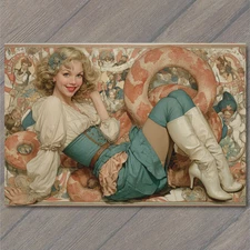POSTCARD Pinup Girl Boots Teal Dress Snake Carnival Retro Western Style Fun
