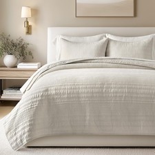 EVERGRACEHOME 100 Cotton Modern Lines Quilt Set King Size, Birch  Pre-Washe...