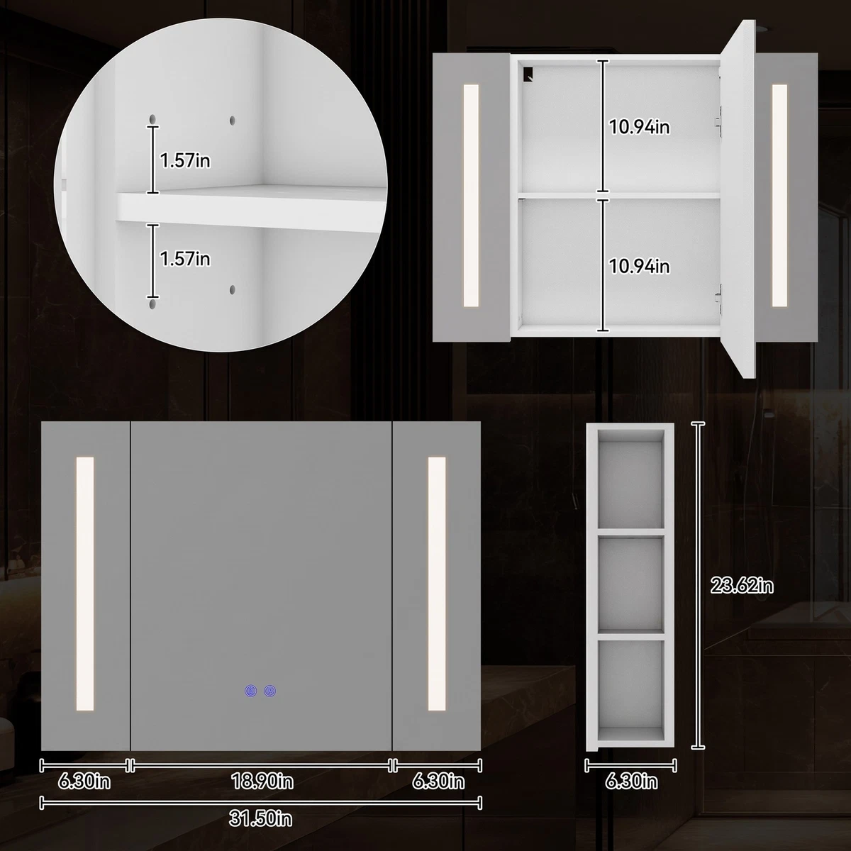 Espejo botiquín LED regulable, antiniebla 3 colores luz montaje en pared baño