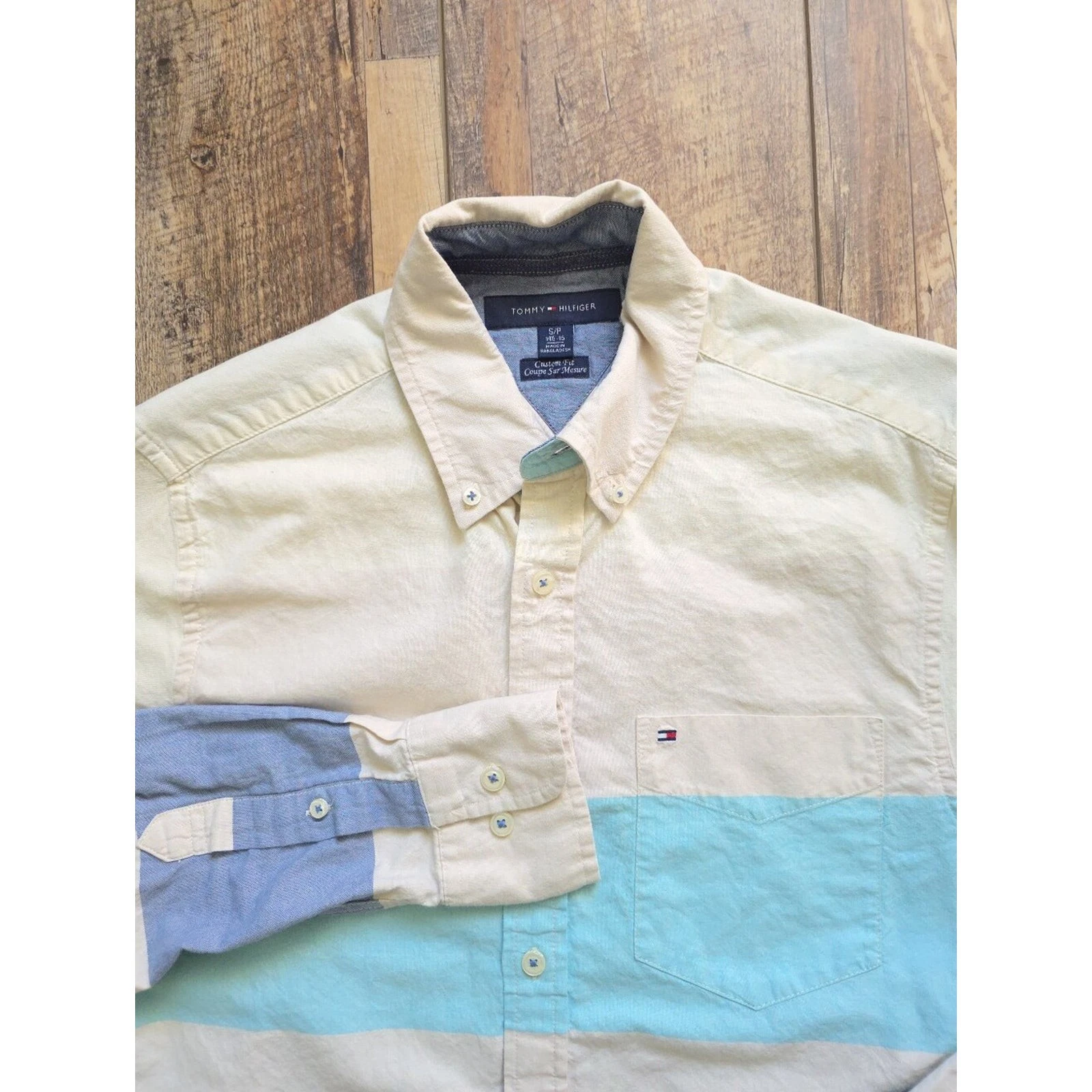 Tommy Hilfiger - Striped Colorblock Oxford Shirt - S - Cream Aqua Blue - product detail image 3