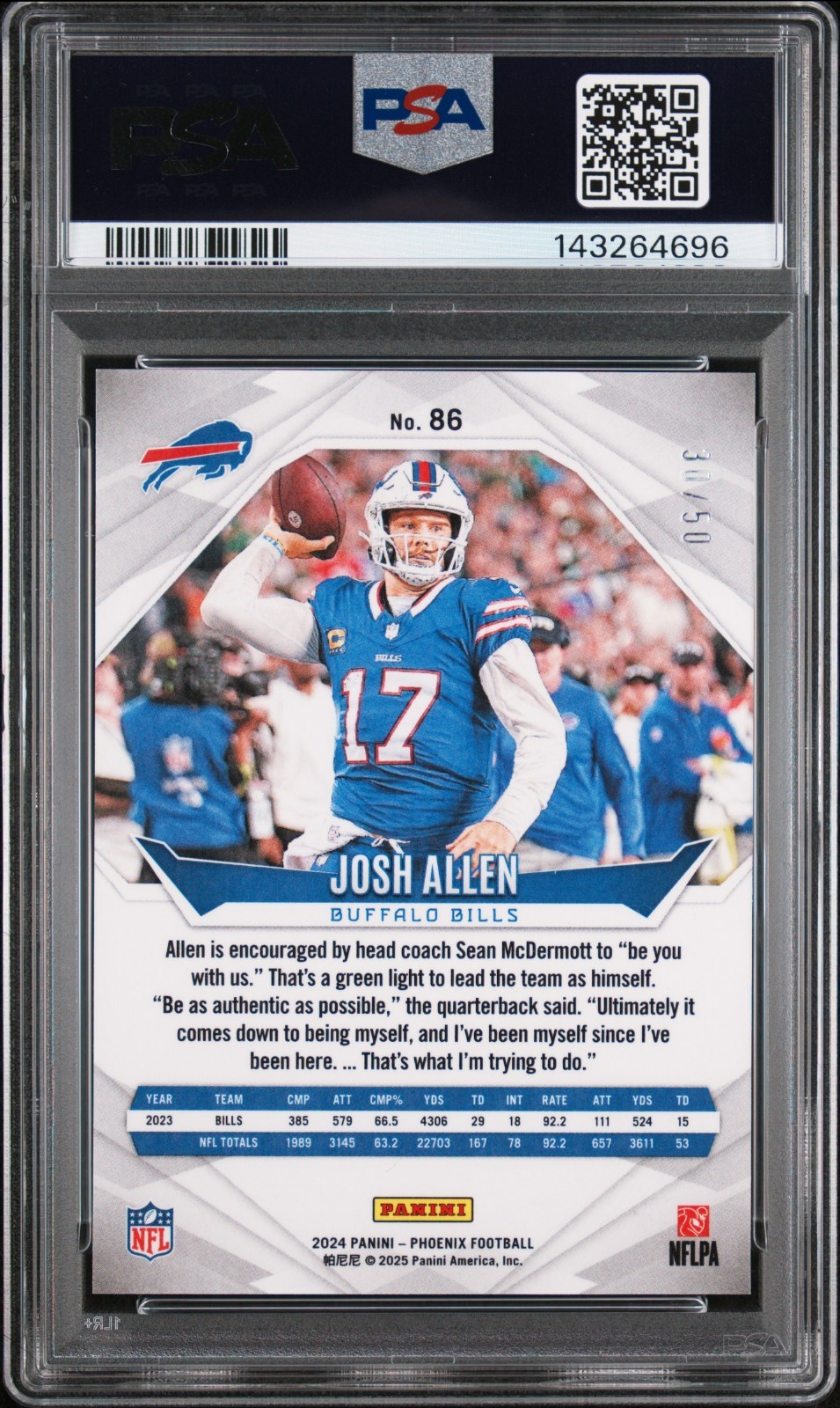 Josh Allen PSA 10 Panini 2024 Phoenix Football True Blue #86 Color Match NFL /50 view 4