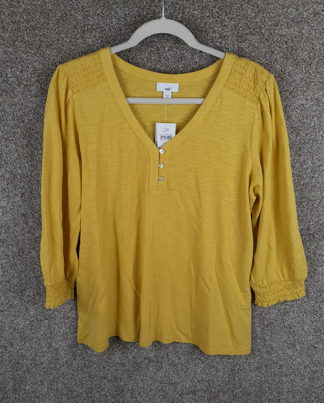 J. Jill 3/4 Smocked Sleeve Henley Top Womens M Yellow V-Neck Cotton Modal NWT