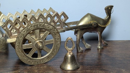 5 pc Lot - Solid Vintage Brass 4 Bells & Camel (1 Hump) Pulling Cart - Picture 8 of 10