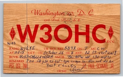 Vintage 1948 W3OHC Washington D.C. QSL Card Amateur Radio Postcard W1QKE