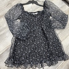 All In Favor Black Blue Floral Sheer Long Sleeve Short Dress Ruffle SMALL