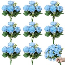 8 PCS Bundles Blue Peonies Artificial Flowers Fake Silk Bouquet Centerpiece