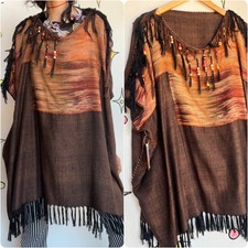 Vintage 70s Knit Beaded Art Wear Poncho Cape Boho Grunge Cottage Core OS