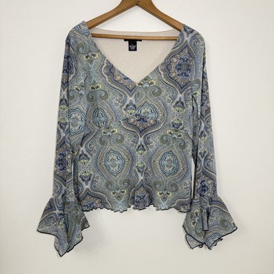 Women s Sz XL Goodclothes Top Y2K Bell Sleeve Paisley Print Boho Blue Brown