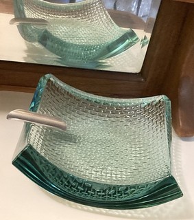 Stephen Schlanser Modernist Studio Glass Square Ashtray Aqua Blue 6.5” Calif