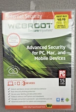 Webroot Secure Anywhere Internet Security 3 Devices for PC/MAC/Mobile NEW SEALED