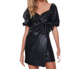 Forever 21 S Faux Leather Black Mini Dress Bow Puff Sleeve Goth Witchy