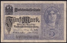 Germany 5 Mark 1917 Vintage WWI Paper Money Banknote Currency Note Pick 50 VF