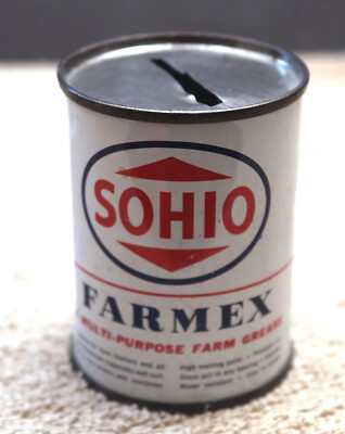 Vintage Rare 1950s Sohio Farmex Multi-Purpose Grease Tin Can Bank Standard CCC