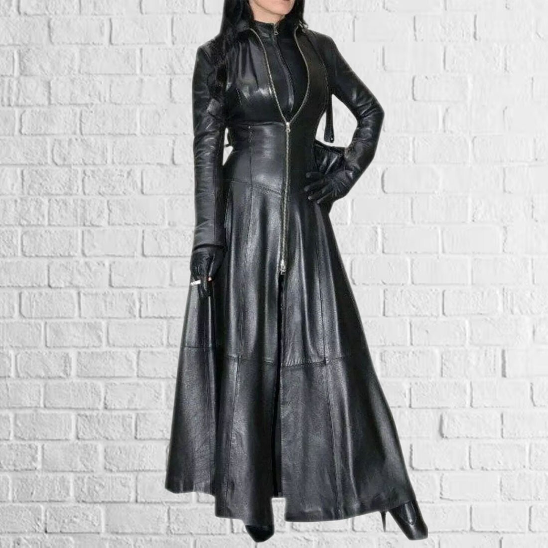 Mujer Genuino Suave Negro Largo Cuero Piel Cordero Halloween Fiesta Ropa Gótico