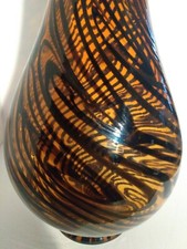 18" tall Mid Century Lt Amber  Black Swirls art glass vase Polished Base LARGE 