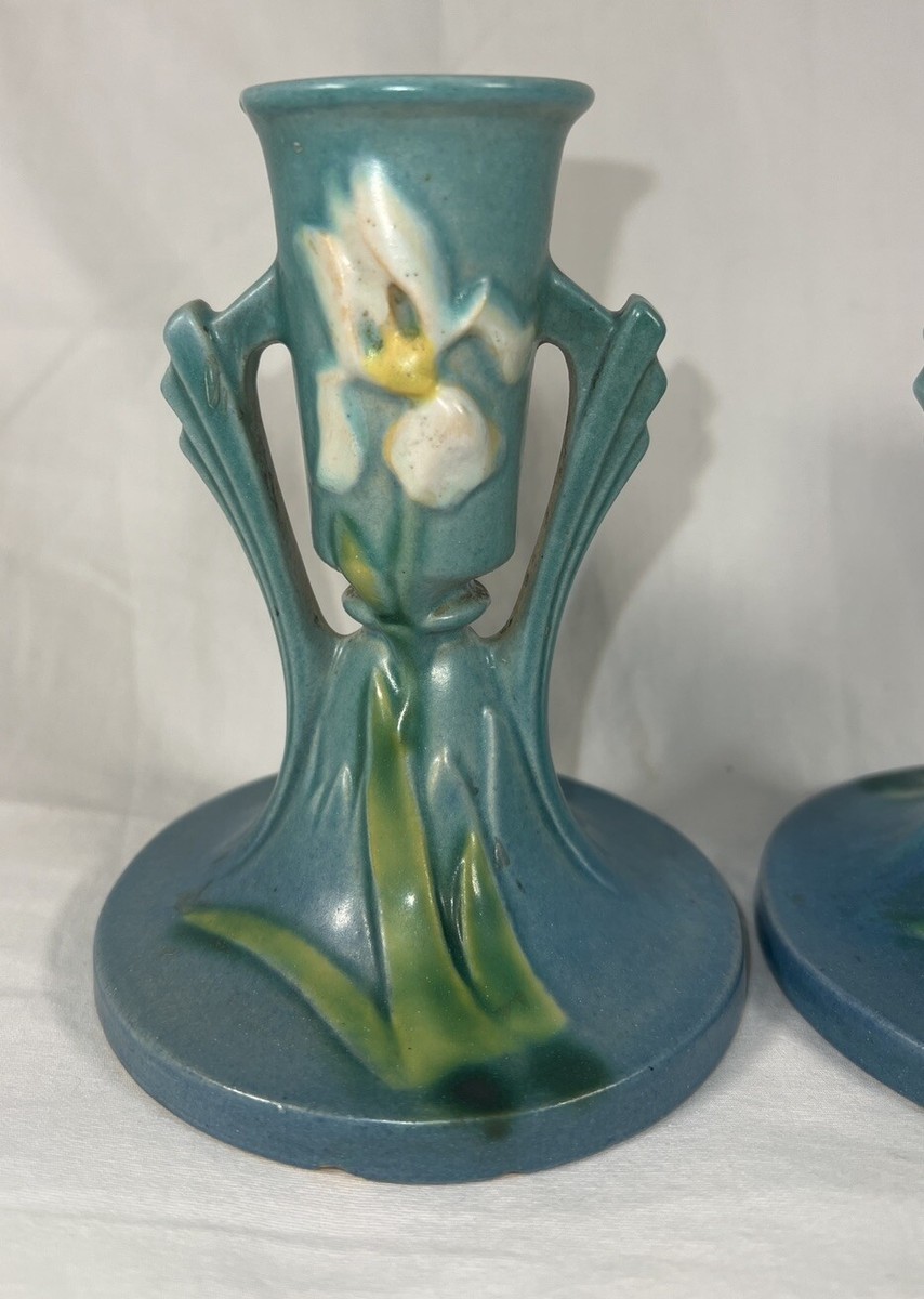 VTG Pair 1939 Roseville Pottery Blue Iris Candle Holders Pottery