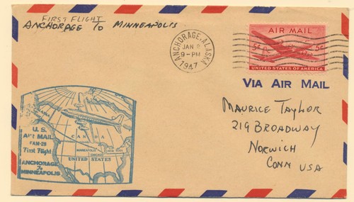 USA Sc. C32 5c Anchorage Minneapolis DC-4 Skymaster Aviation on 1947 FDC (4) - 第 1/2 張圖片