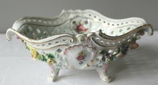 Dresden Porcelain Hand Painted Reticulated Oval Footed Bowl w/Applied Flowers