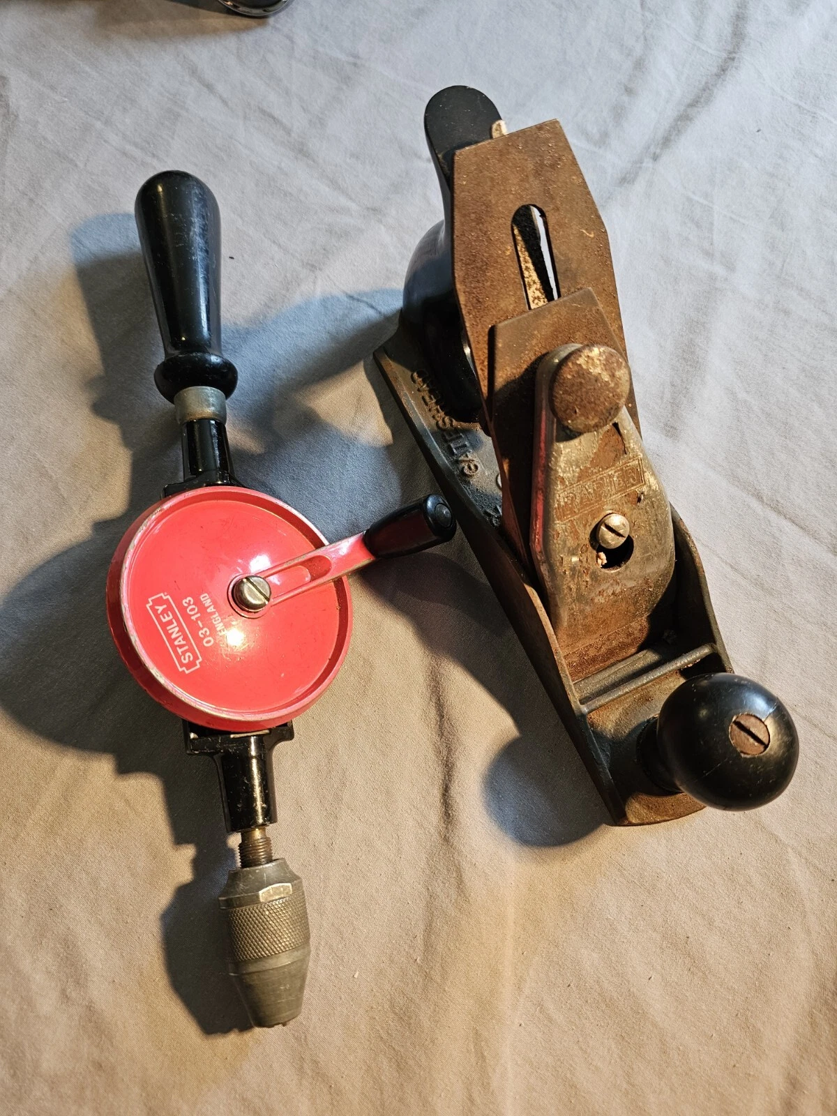 vintage wood hand drill and hand plane