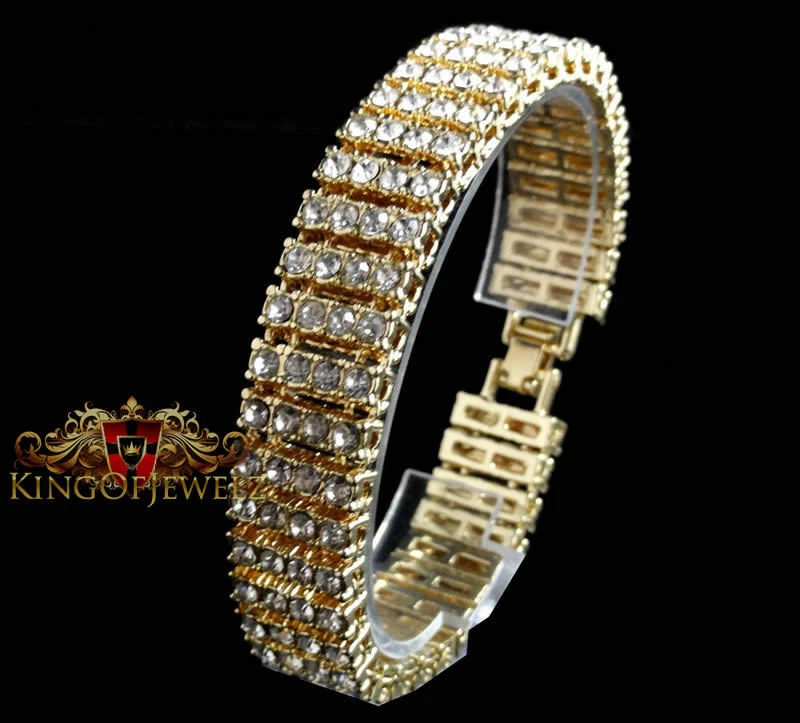 New Men's 14k Yellow Gold Tone Finish 4 Row  Hip-hop  Tennis Bracelet 8.5" Inch - Image 4 of 4