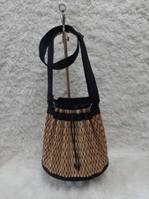 Basket of Cambodia Drawstring Woven Straw Black & Tan Tote Bag