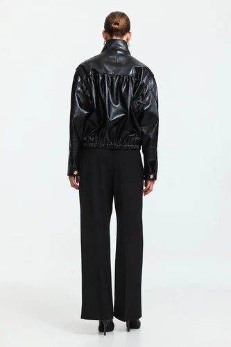 Annette Leather Jacket Women’s Black Cropped Oversized Genuine Leather Jacket image 3