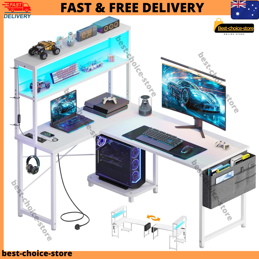 Odk L Shaped Gaming Desk With Led Lights & Power Outlet,reversible