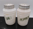 Vintage Range White Milk Glass Salt & Pepper Shaker Set  Green Print Hazel Atlas