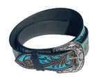 Leather Belt “Turquoise Blossom” Western Belt Leather - Floral Pattern Brown Teal